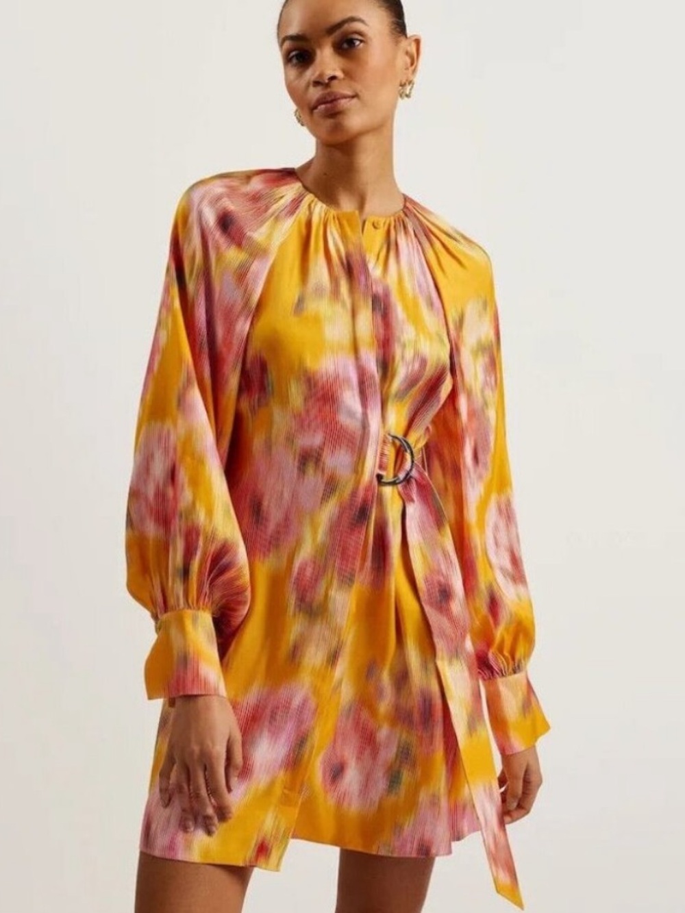 NWOT Ted Baker London Yellow and Pink Floral Tie-Front Mini Dress Size 3
